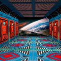 Futuristic Corridor Interior With Blue Walls Red Doors And Distant Space Landscape View