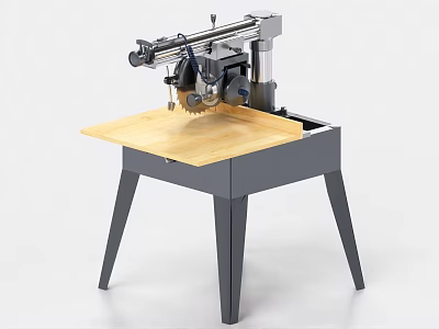 Industrial Equipment Table Saw with Circular Blade on Wooden Workbench and Metal Frame 3d model
