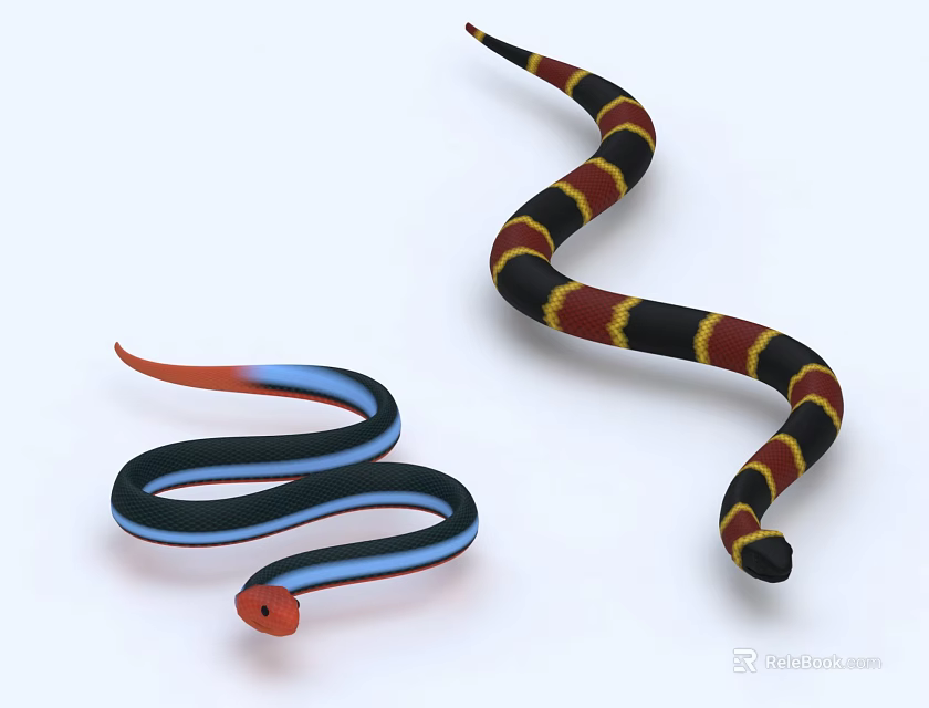 Colorful Reptile Snakes Coiled with Blue Black Red and Yellow Striped Patterns 3d model 