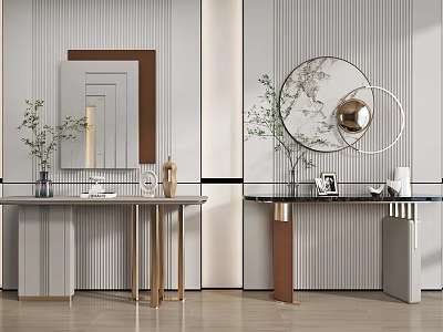 Elegant Modern Console Table With Layered Mirrors Potted Plants And Striped Wall Design 3d model