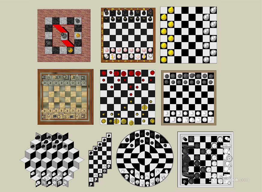 Board Game Entertainment Featuring Various Chess Checkers And Diverse Game Board Designs 3d model 