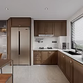 Modern Kitchen With Brown Cabinets Stainless Steel Refrigerator Stove And Sink
