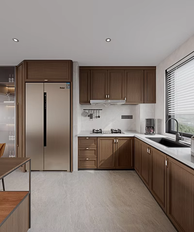 Modern Kitchen With Brown Cabinets Stainless Steel Refrigerator Stove And Sink 3d model