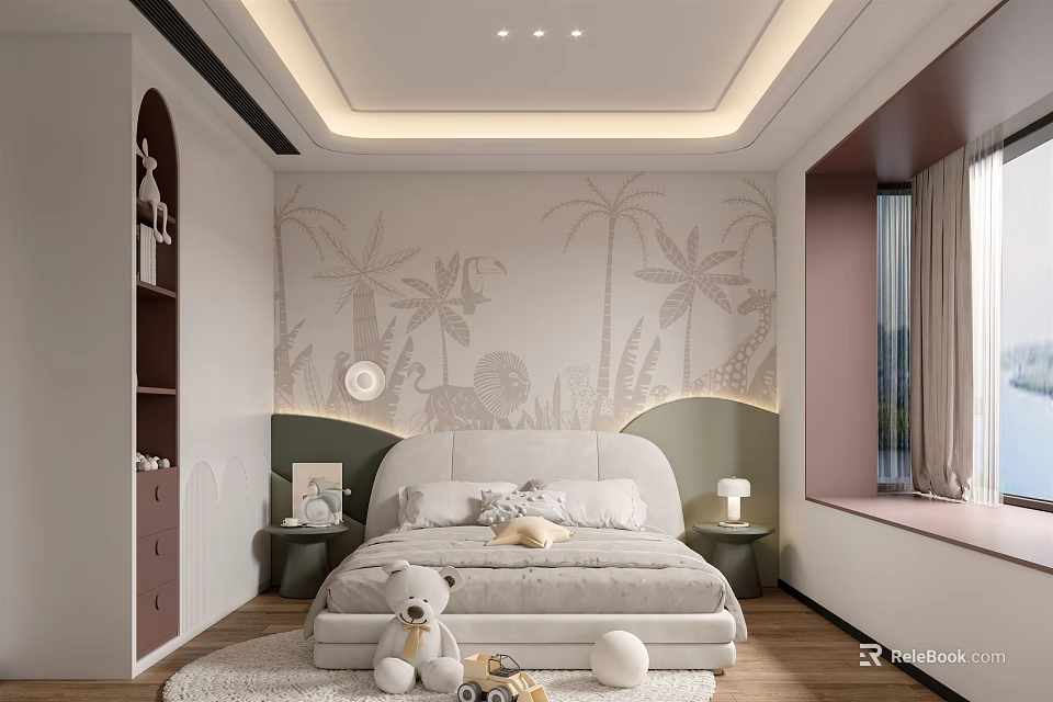 Kids Bedroom Interior With Palm Tree Animal Wallpaper Stuffed Toys Rug Curtains And Ceiling Lights 3d model 