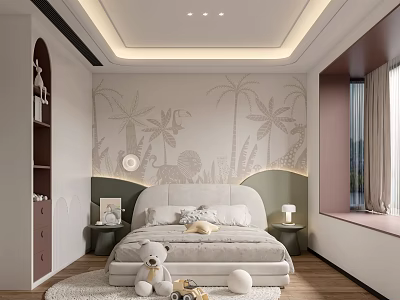 Kids Bedroom Interior With Palm Tree Animal Wallpaper Stuffed Toys Rug Curtains And Ceiling Lights 3d model
