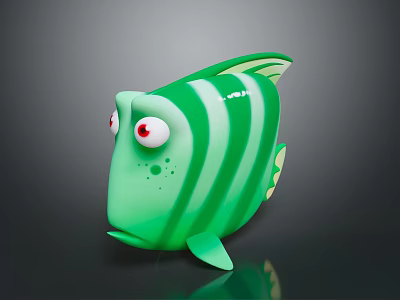 Cartoon Green Striped Fish Character With Big Red Eyes 3D Model Design 3d model