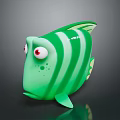 Cartoon Green Striped Fish Character With Big Red Eyes 3D Model Design