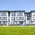 Modern Townhouse Exterior Design With Front Lawn And Large Windows In Neutral Tones