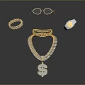 Luxury Gold Jewelry Set Featuring Necklace With Dollar Sign Pendant Bracelet Earrings And Watch
