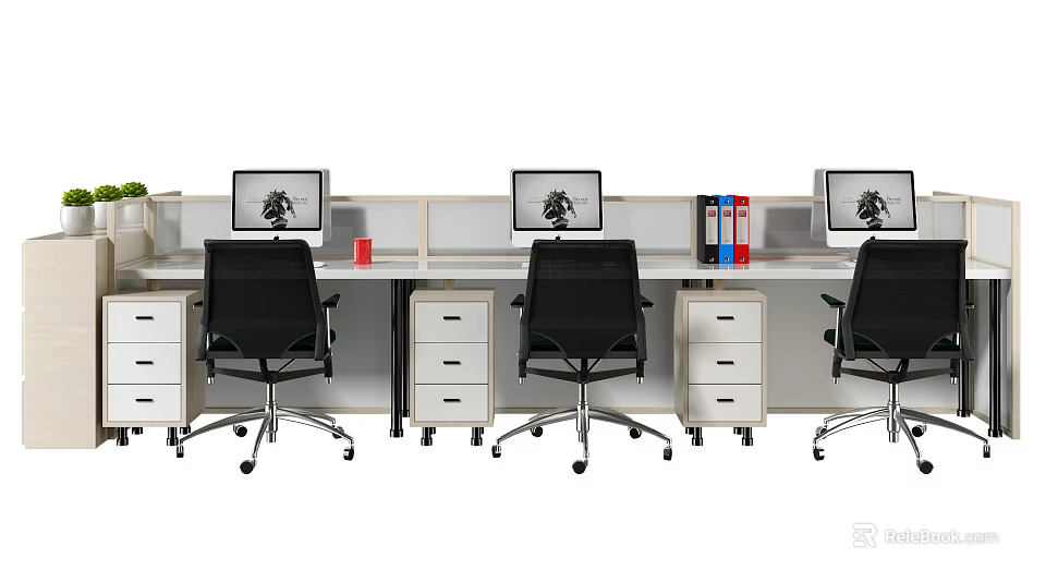 Modern Office Desk Setup With Multiple Workstations Computer Monitors And Ergonomic Chairs 3d model
