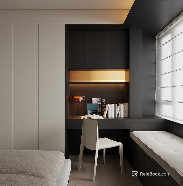 Modern Bay Window Interior With Cozy Seat Desk And Bookshelf Lamp 3d model 