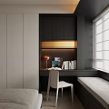 Modern Bay Window Interior With Cozy Seat Desk And Bookshelf Lamp