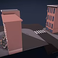 3D Rendered Urban Townhouses Architectural Styles Red Brick Black Fire Escapes Arched Windows Street Elements