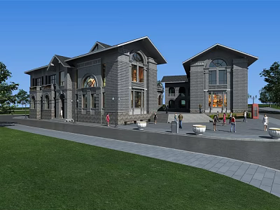 Commercial Street With Modern Gray Buildings Green Lawn And Pedestrian Walkway 3d model