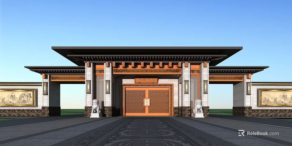Chinese Traditional Entrance Gate With Stone Lions And Carved Copper Decorations 3d model 
