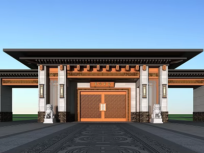 Chinese Traditional Entrance Gate With Stone Lions And Carved Copper Decorations 3d model