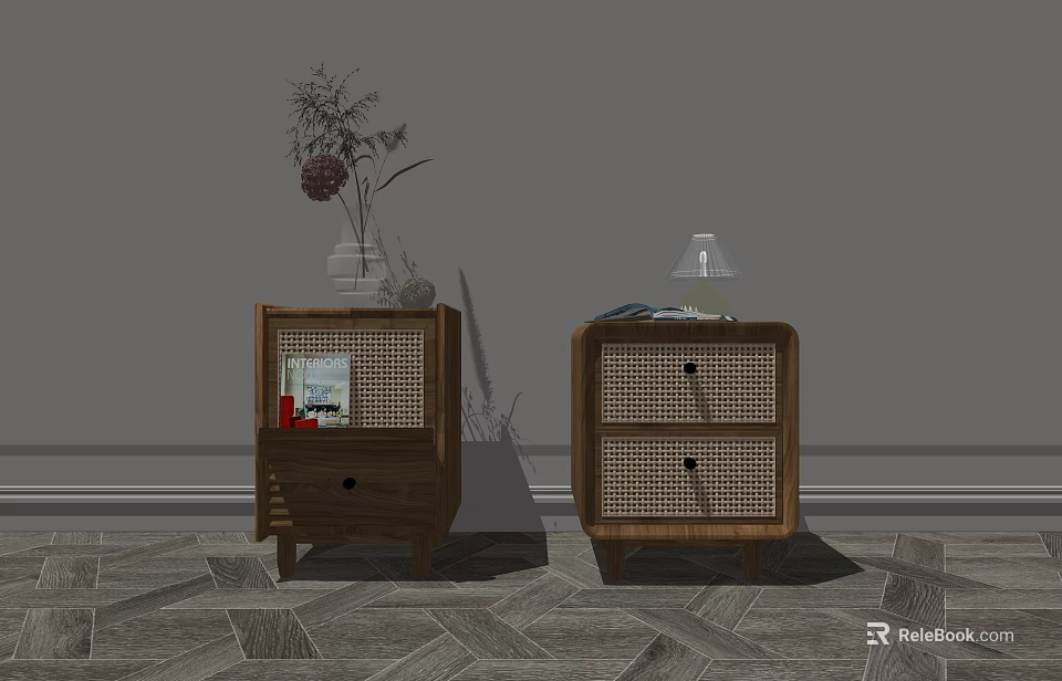 Wooden Bedside Tables With Rattan Panels Vase Plant Table Lamp And Books In Bedroom Interior 3d model 