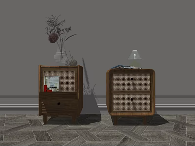 Wooden Bedside Tables With Rattan Panels Vase Plant Table Lamp And Books In Bedroom Interior 3d model