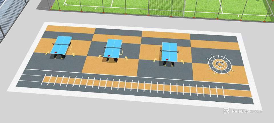 Three Blue Table Tennis Tables on Checkerboard Floor with Running Track Outdoor Sports Area 3d model 