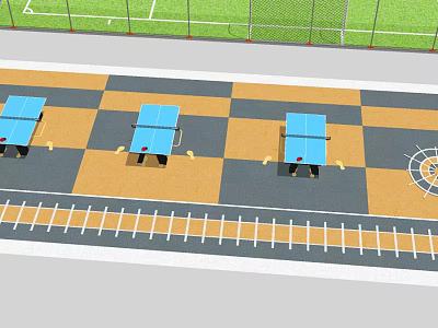 Three Blue Table Tennis Tables on Checkerboard Floor with Running Track Outdoor Sports Area 3d model