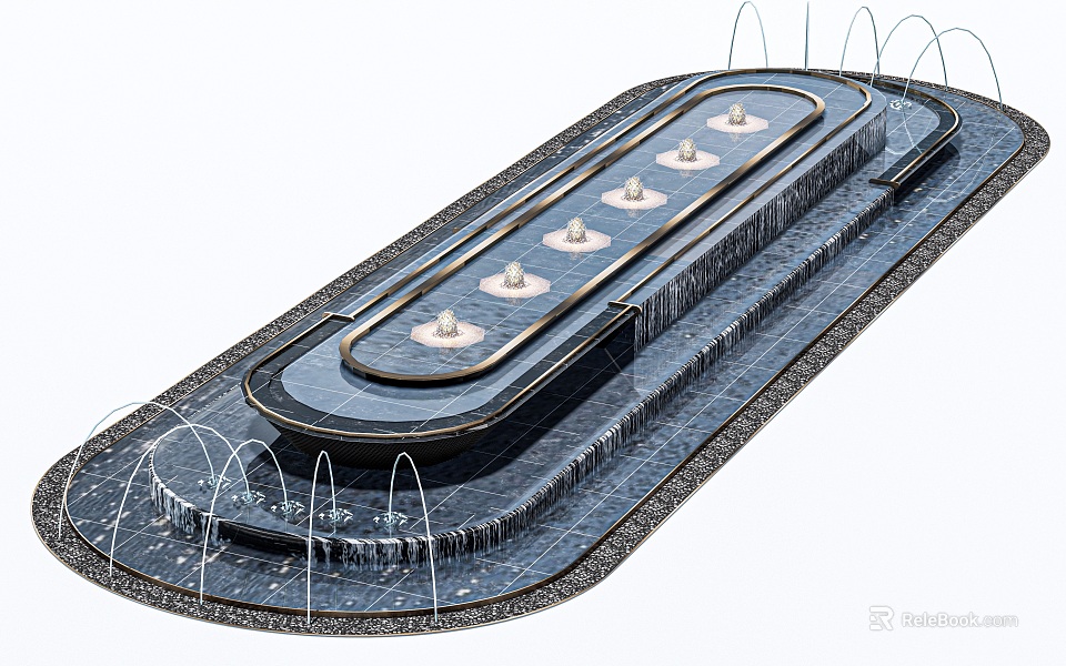 Rectangular Water Fountain With Circular Jets And Tiered Stone Design In Outdoor Garden Decor 3d model 