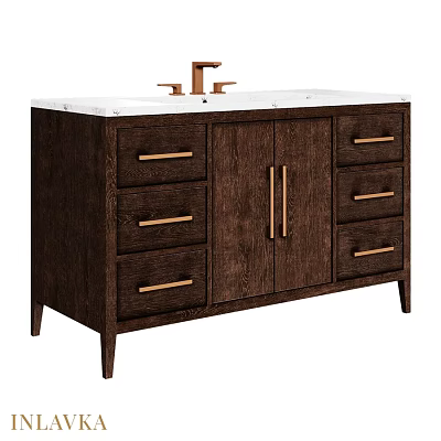 Modern Dark Wooden Bathroom Vanity With White Countertop Copper Faucet Drawers And Cabinets 3d model