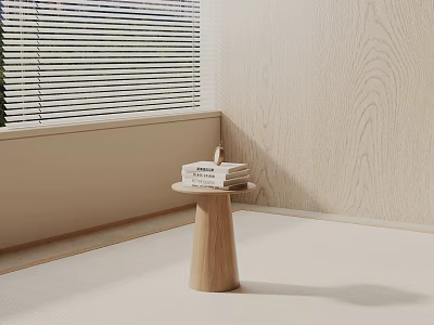 Minimalist Wooden Side Table With Natural Wood Grain And Books Near Window In Room Corner 3d model