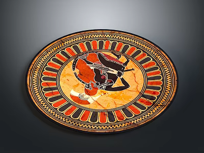 Ancient Carved Ceramic Plate With Red Black Central Figure And Decorative Patterns 3d model