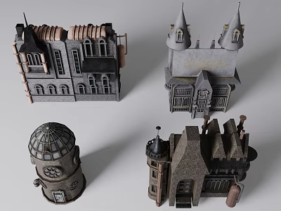 Miniature Architectural Models Featuring Spires Towers Arched Windows And Various Roof Styles 3d model