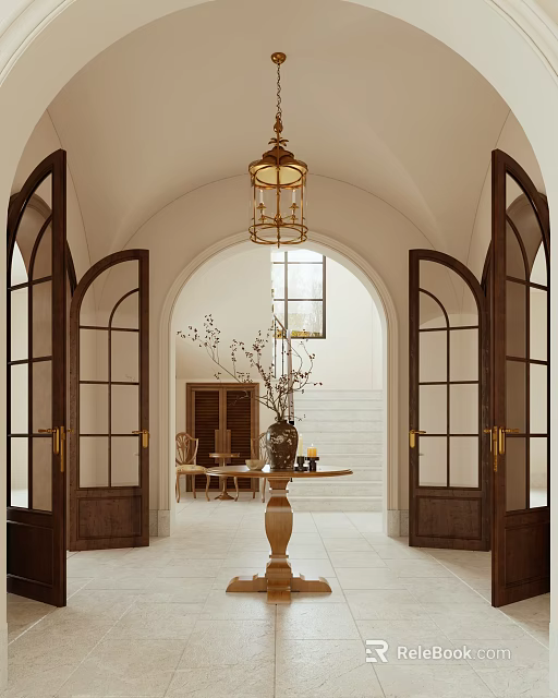 Elegant Hotel Lobby Featuring Arched Wooden Doors Chandelier Round Table Vase And Staircase 3d model 