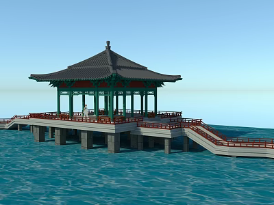 Traditional Chinese Pavilion Over Blue Water With Green Columns Black Roof And Red Railings 3d model