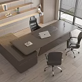 Contemporary Office Desk With Ergonomic Chairs Laptop Wooden Shelves And Window Blinds