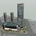 Modern High Rise Office Buildings With Glass Facade And Urban Green Space