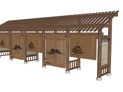 Wooden Pergola With Grilled Roof Bamboo Screens Landscape Paintings And Wooden Seats 3d model