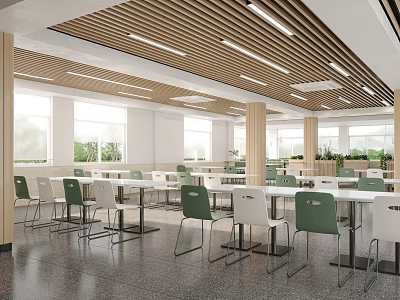 Bright Modern Dining Hall Interior With Tables Chairs And Windows 3d model