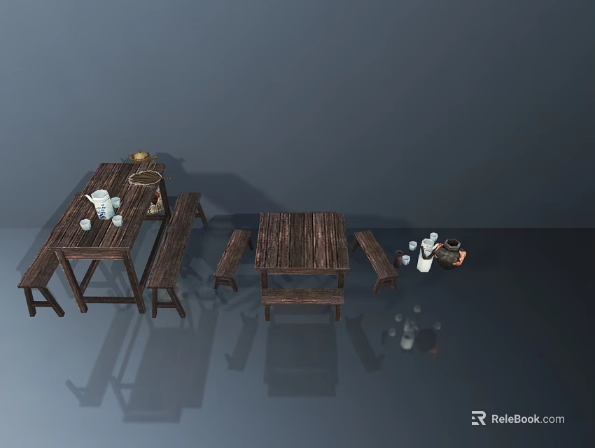 Rustic Wooden Dining Table Set With Matching Benches And Decorative Items 3d model