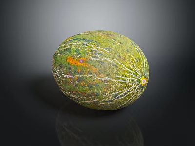 Fresh Whole Green Striped Melon With Yellow Orange Shiny Surface On Black Background 3d model