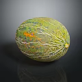 Fresh Whole Green Striped Melon With Yellow Orange Shiny Surface On Black Background