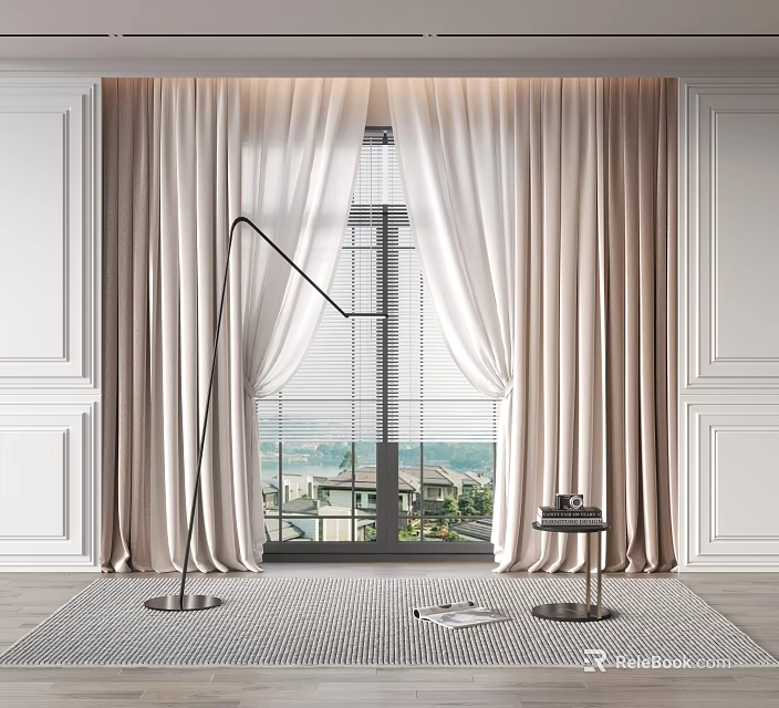 Elegant Cream Colored Curtains For Window Interior With Floor Lamp And Side Table 3d model 
