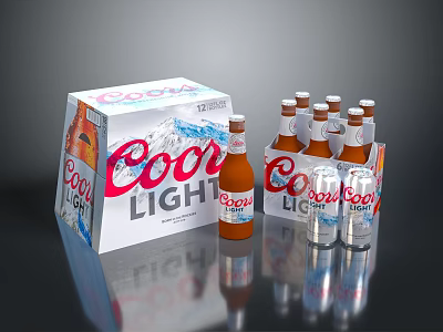 Coors Light Beer Bottles And Glasses In Original Carton Packaging For Refreshment 3d model