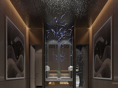 Modern Public Restroom Interior With Decorative Paintings LED Lighting And Marble Washbasin 3d model