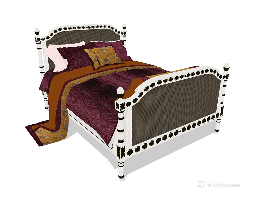 Elegant Double Bed With White Frame Black Decorative Details Dark Purple Quilt And Colorful Pillows 3d model 