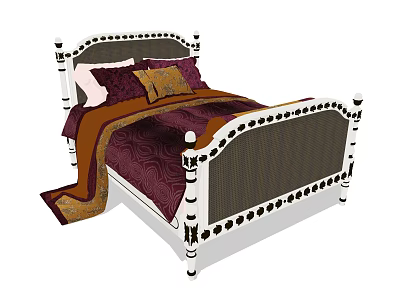 Elegant Double Bed With White Frame Black Decorative Details Dark Purple Quilt And Colorful Pillows 3d model