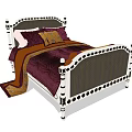 Elegant Double Bed With White Frame Black Decorative Details Dark Purple Quilt And Colorful Pillows