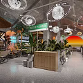 Modern Industrial Style Restaurant Open Space With Green Plants Moon Decorations Umbrellas And Orange Walls