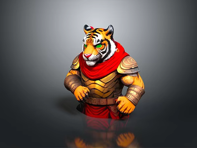 Stylized 3D Tiger Model Wearing Golden Armor and Red Cape with Muscular Build 3d model