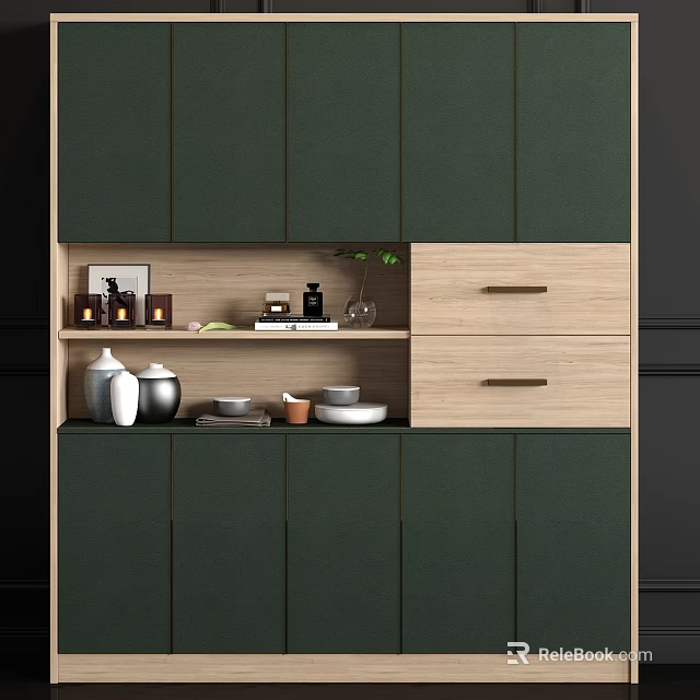 Modern Decorative Cabinet With Green Front Panels Wooden Drawers And Vases Jars Books Plant On Shelf 3d model 