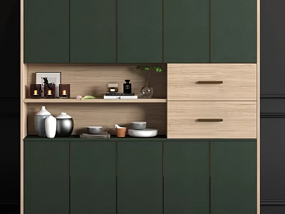 Modern Decorative Cabinet With Green Front Panels Wooden Drawers And Vases Jars Books Plant On Shelf 3d model