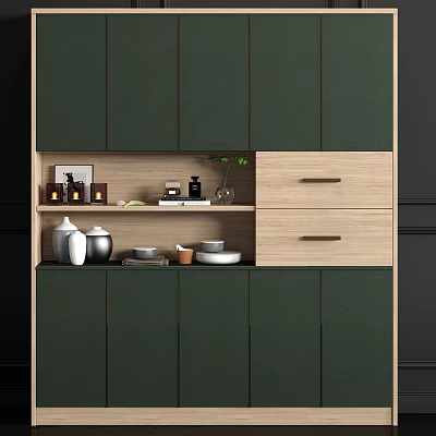 Modern Decorative Cabinet With Green Front Panels Wooden Drawers And Vases Jars Books Plant On Shelf 3d model