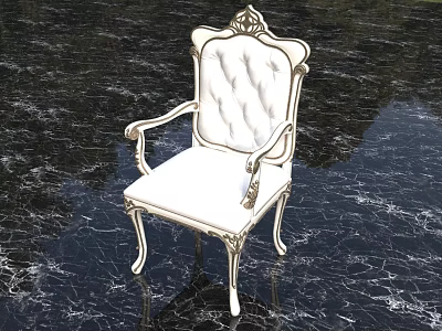 Elegant Classic White Accent Chair With Tufted Backrest And Carved Arms On Black Marble Floor 3d model